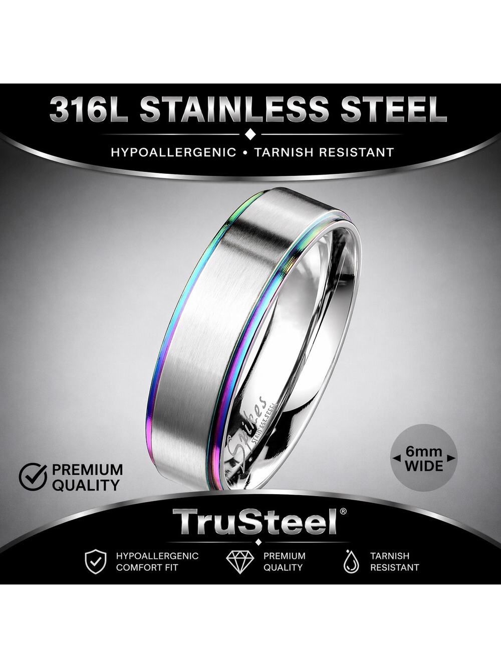Women’s Rainbow 316L Stainless Steel Classic Band Ring 6mm width size 7